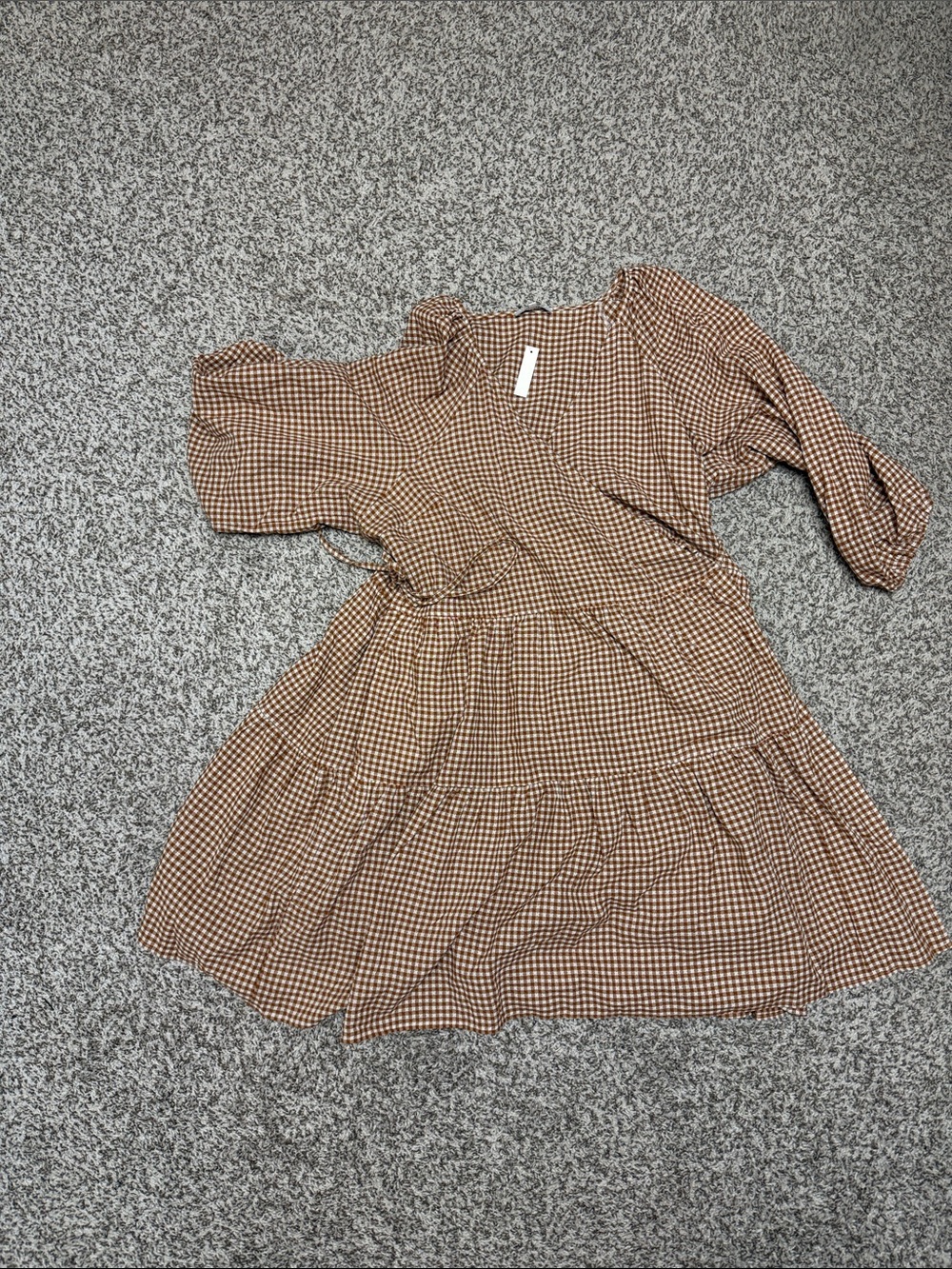 Madewell Brown and White Gingham Long Sleeve Tiered Wrap Dress